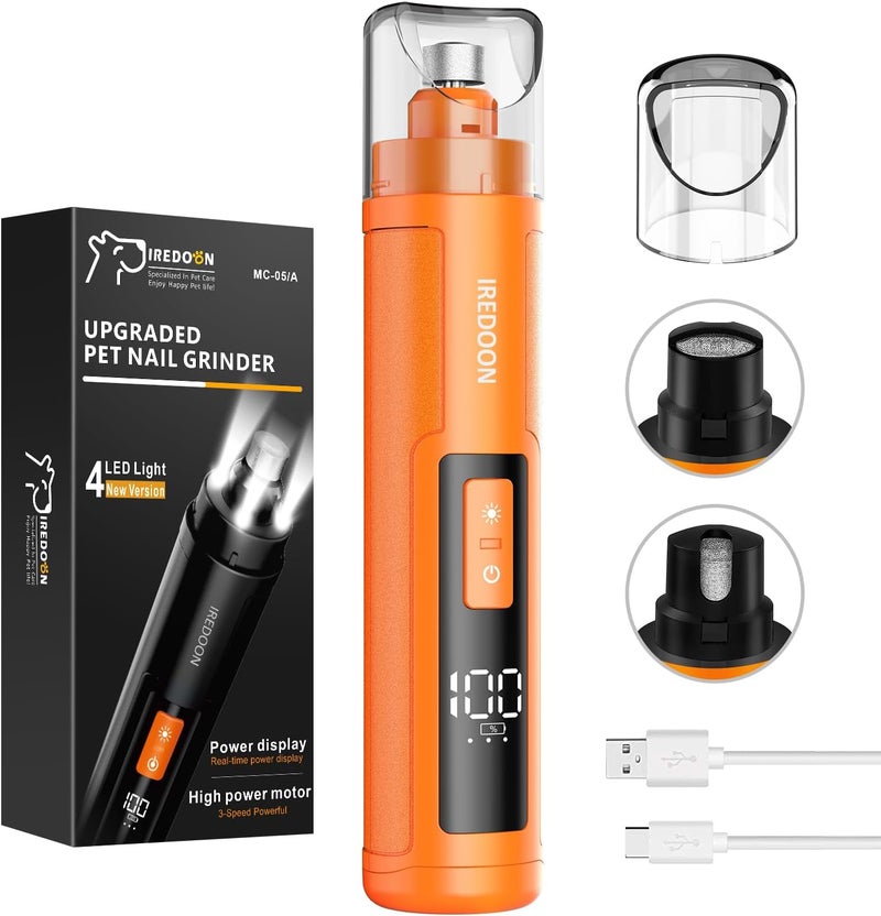 IREDOON Dog Nail Grinder Upgraded - Professional 3-Speed Super Quiet and Low Vibration Electric Pet Nail Grinder with 4 LED Lights - Painless Paws Grooming & Smoothing for Small to Large Dogs (Orange) - Image 1